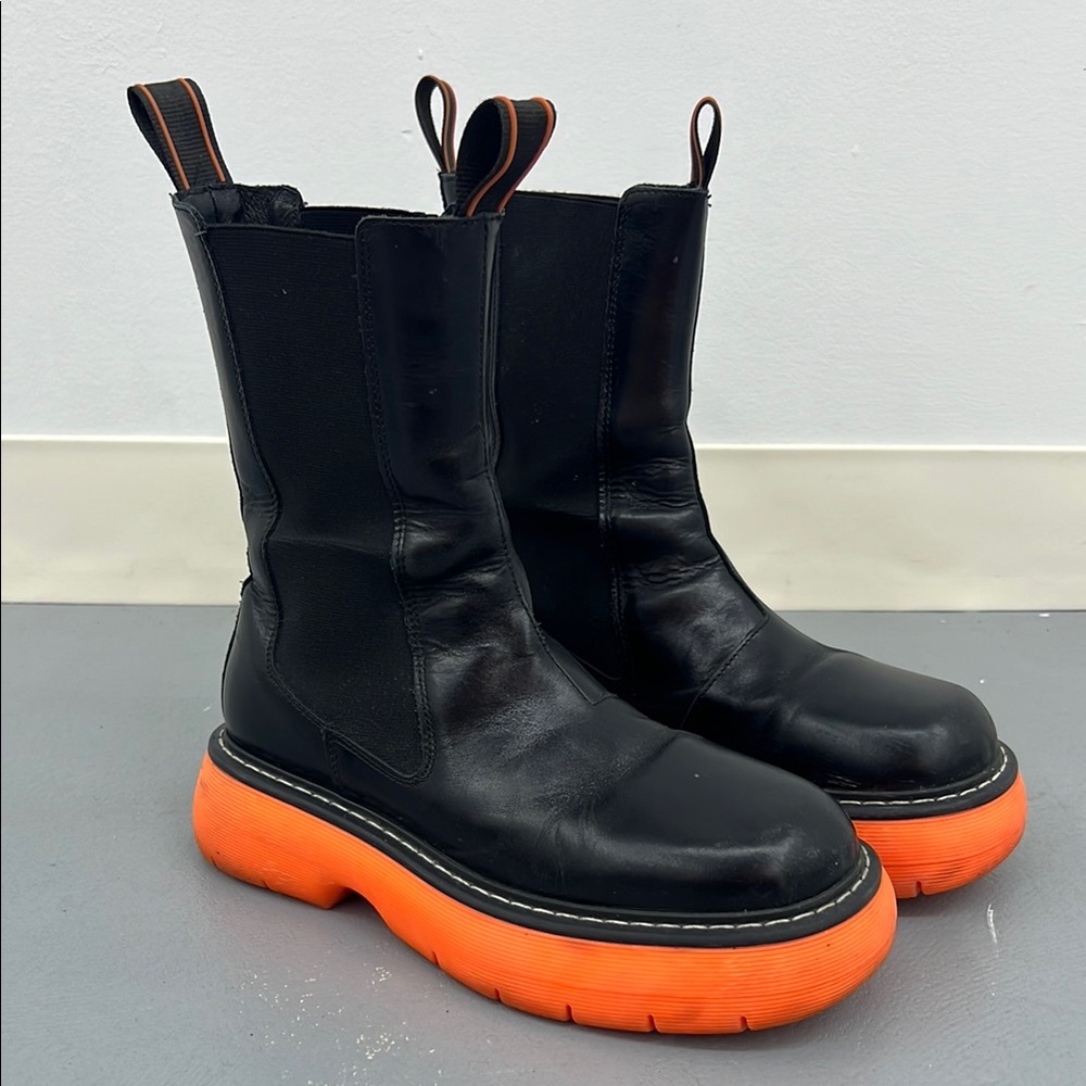 Black and Orange Chelsea Boots with Chunky Sole